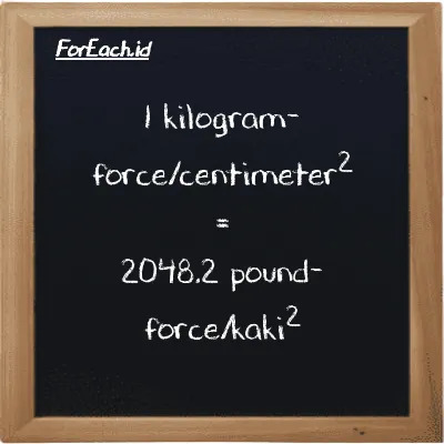 1 kilogram-force/centimeter<sup>2</sup> setara dengan 2048.2 pound-force/kaki<sup>2</sup> (1 kgf/cm<sup>2</sup> setara dengan 2048.2 lbf/ft<sup>2</sup>)